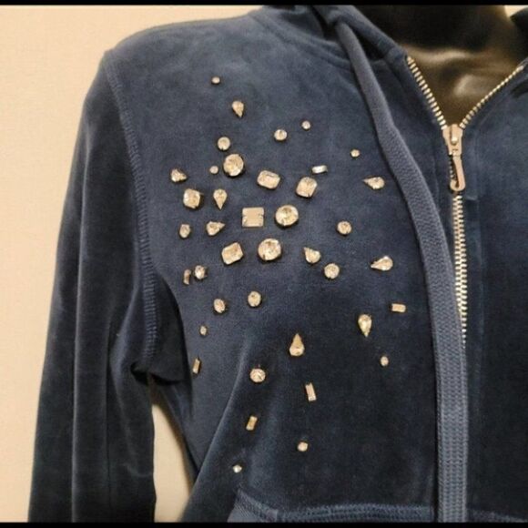 Juicy Couture Velour Track Pant Jacket. Dark Blue with Rhinestones. Size Med - Picture 3 of 4